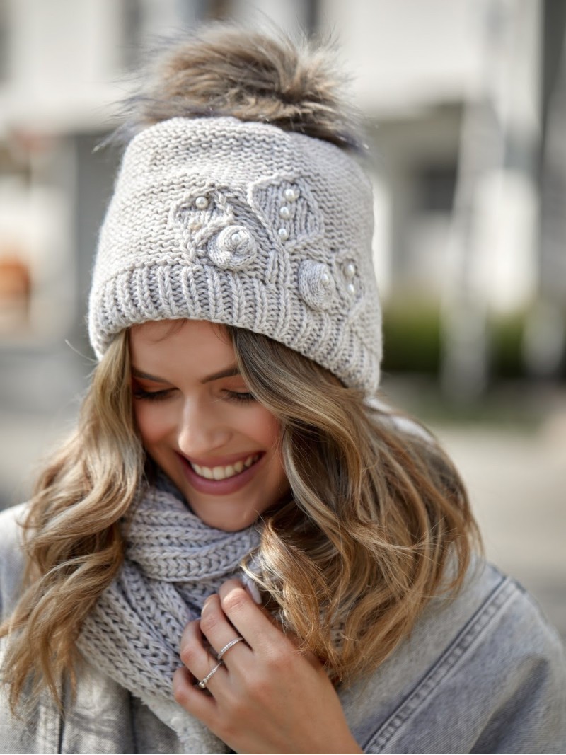 Beaded hat with a neck warmer for winter, beige C50 - Online store - Boutique